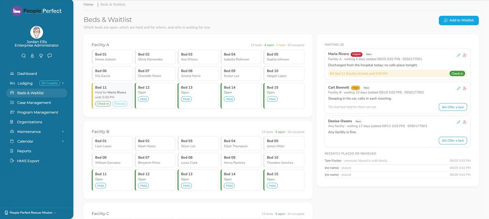 Beds and waitlist board showing open, held and occupied beds