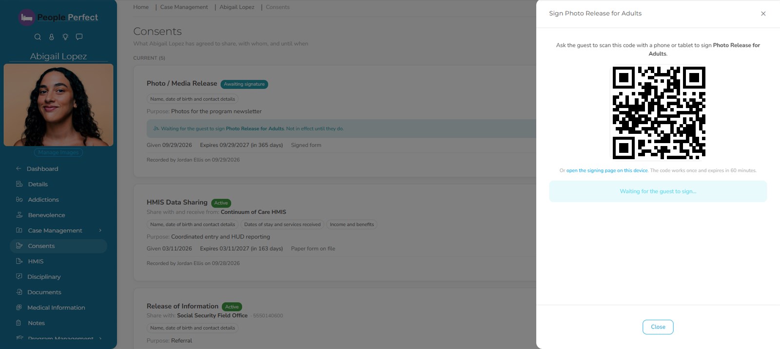 Consent signing dialog with a QR code for the guest to scan