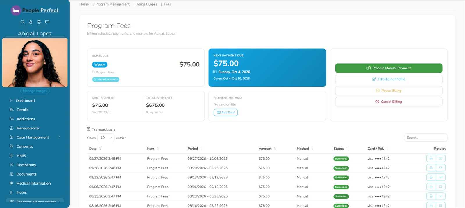 A guest's program fees with schedule and transactions