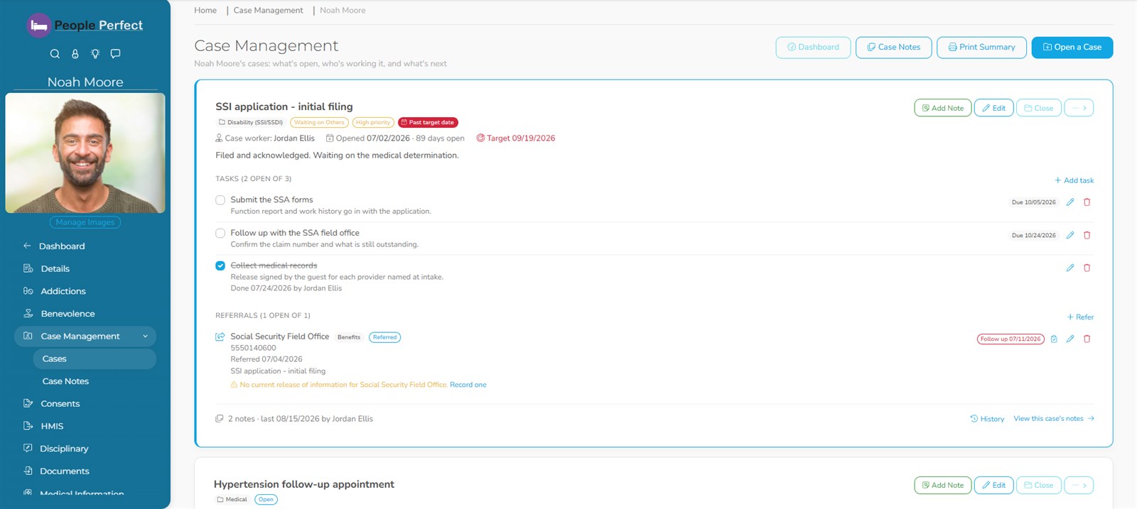 A guest's case with open tasks and a referral