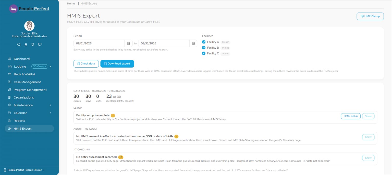HMIS export page with the data check results