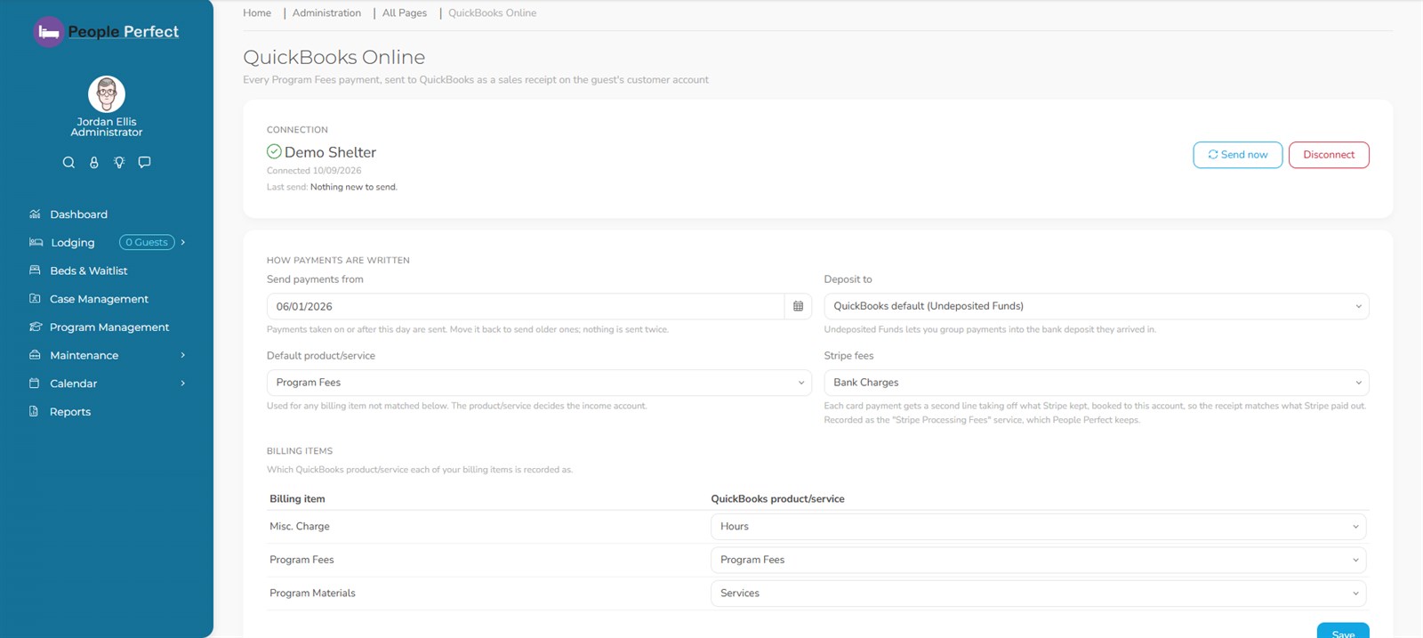 QuickBooks Online settings: connection, deposit account, default product/service, Stripe fees and billing item matching